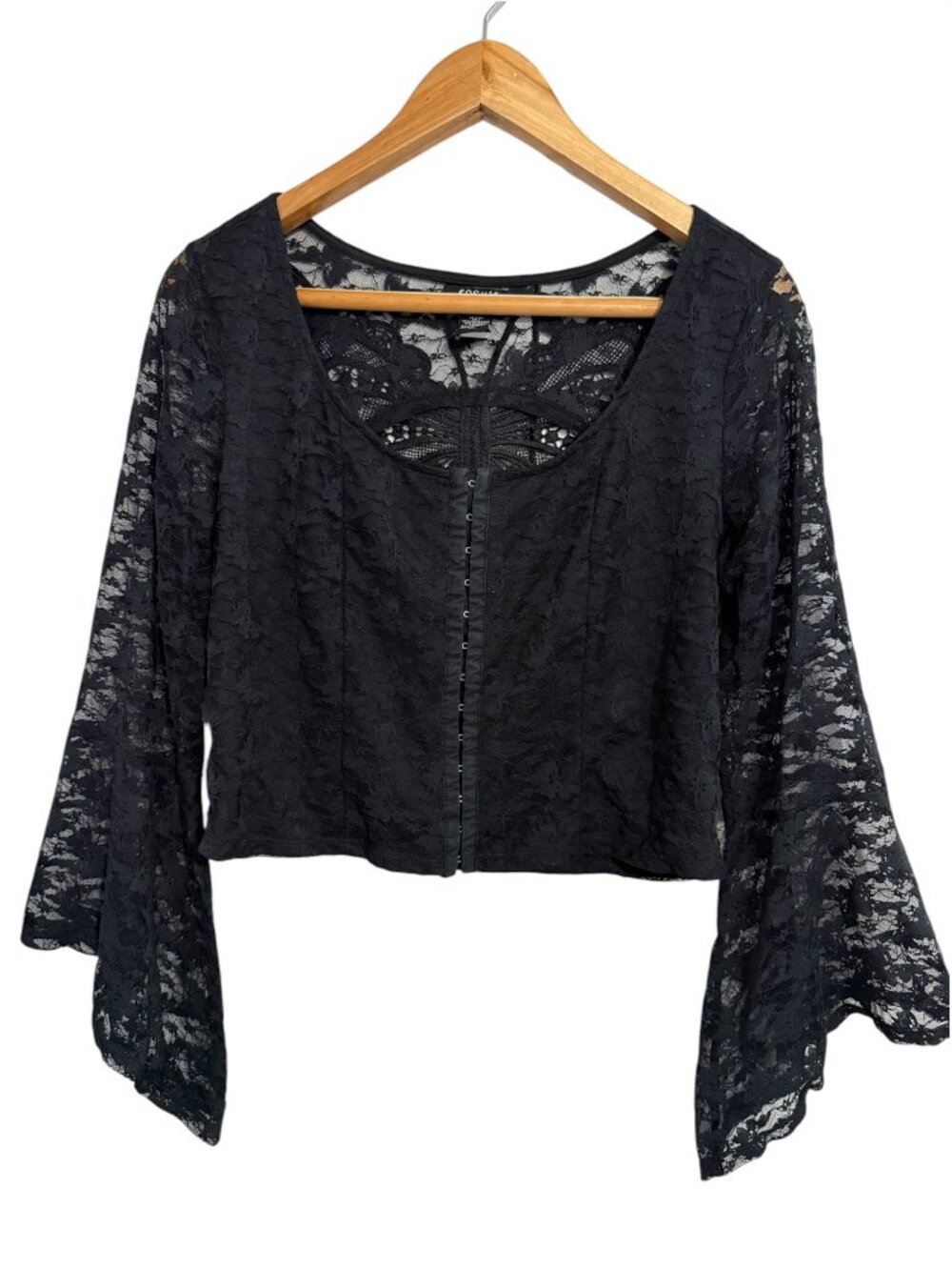 Cosmic Aura Black Floral Lace Butterfly Back Bell Sleeve Crop Top XL
